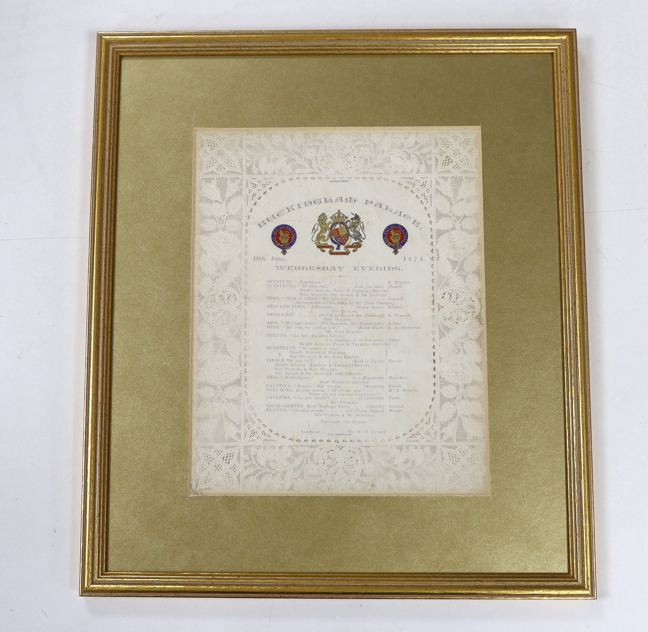 Royal Interest- 19th century pierced paper opera programme, Buckingham Palace, 10th June 1874, impressed Ortner & Houle, 24 x 19cm